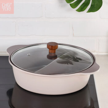 Divided Stockpot is a Heavy duty die cast aluminum non-stick cookware. It comes with a strong glass lid. You can buy Wholesale from Chef Yori Cookware.
