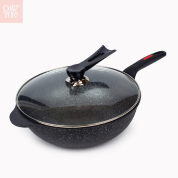Gold Marble Wokpan is a Heavy duty die cast aluminum non-stick cookware. It comes with a strong glass lid. You can buy Wholesale from Chef Yori Cookware.